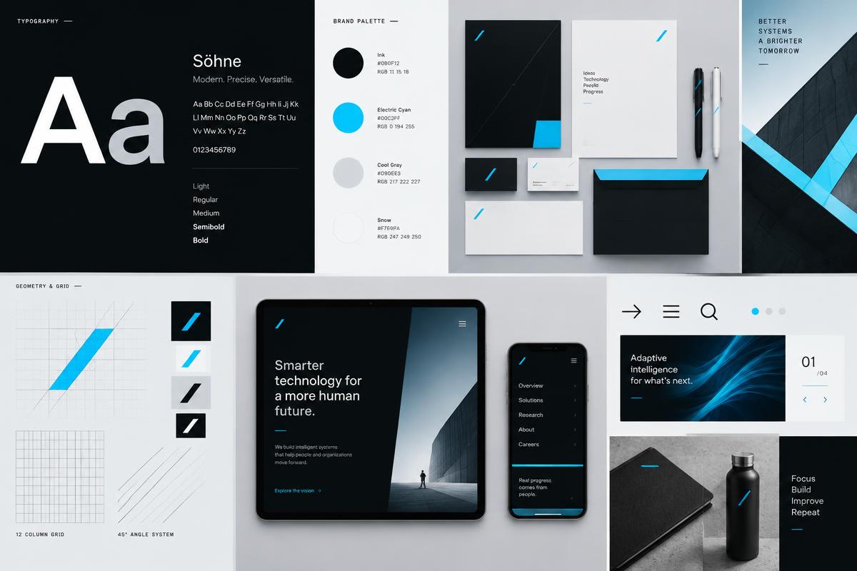 Internal concept showing a monochrome technology brand identity system with cyan accents