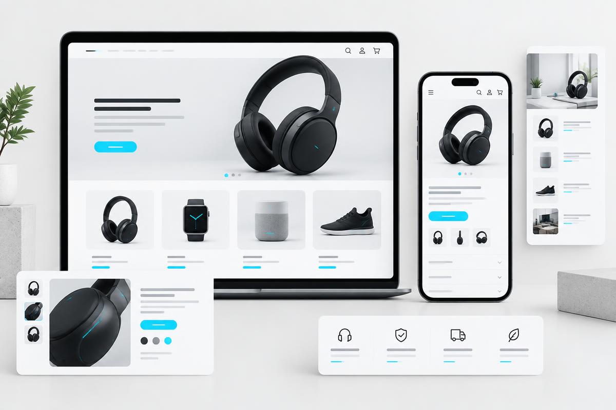 Internal concept showing a responsive e-commerce interface across laptop and mobile screens