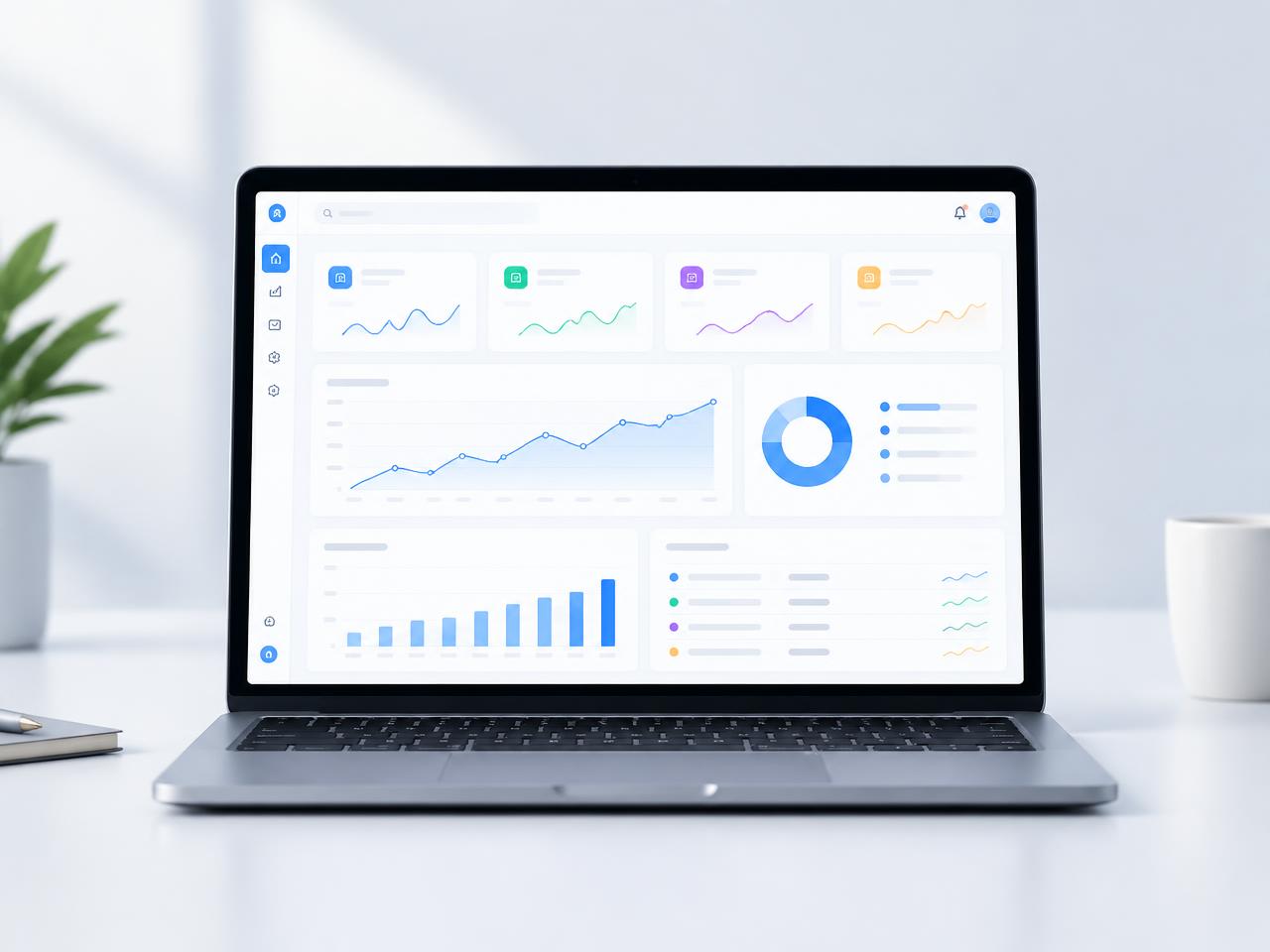 Internal concept showing a white and blue business analytics dashboard on a laptop