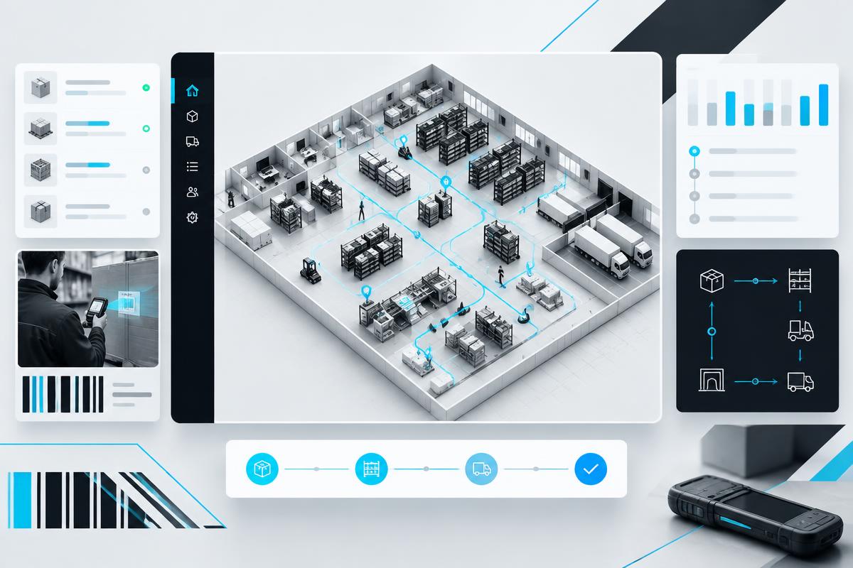 Internal concept showing a warehouse operations dashboard and workflow visualization